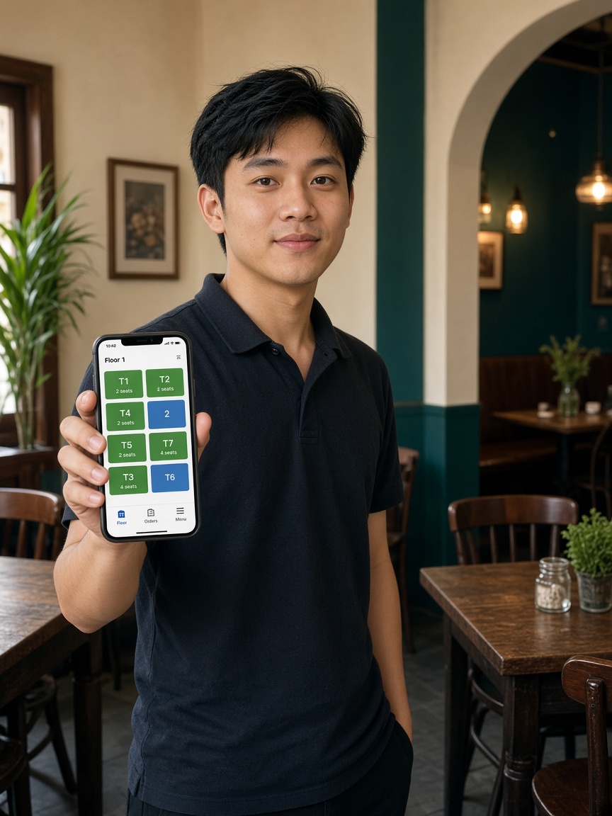 Nhân viên dùng điện thoại xem bàn và order